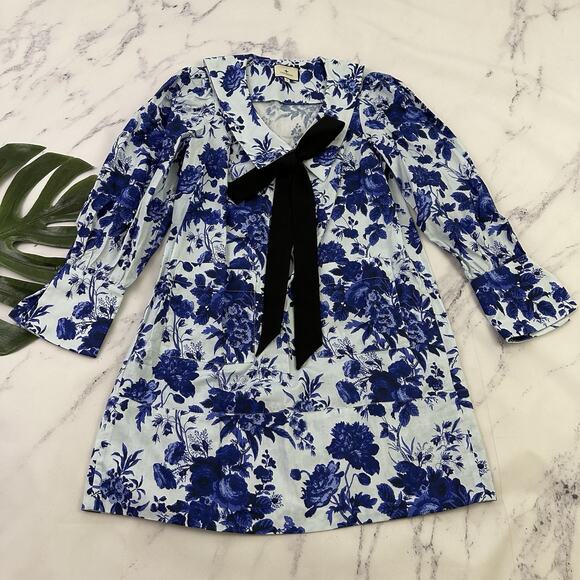 Tuckernuck Sapphire Bloom Bella Dress Size S Blue Floral Bow Trim Mini Pockets - Picture 1 of 12